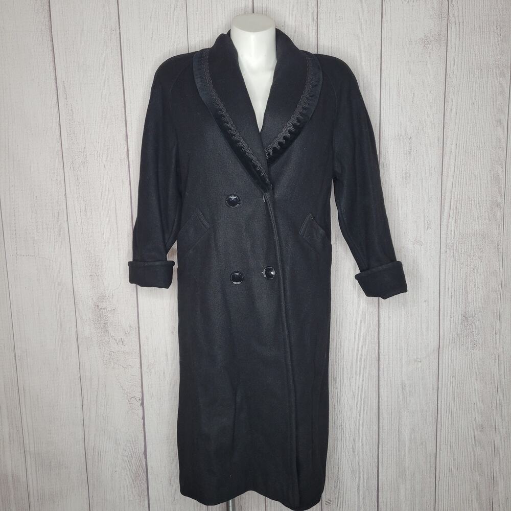 Vintage 70s Jofeld Black Double Breasted Button Front Trench Coat Womens